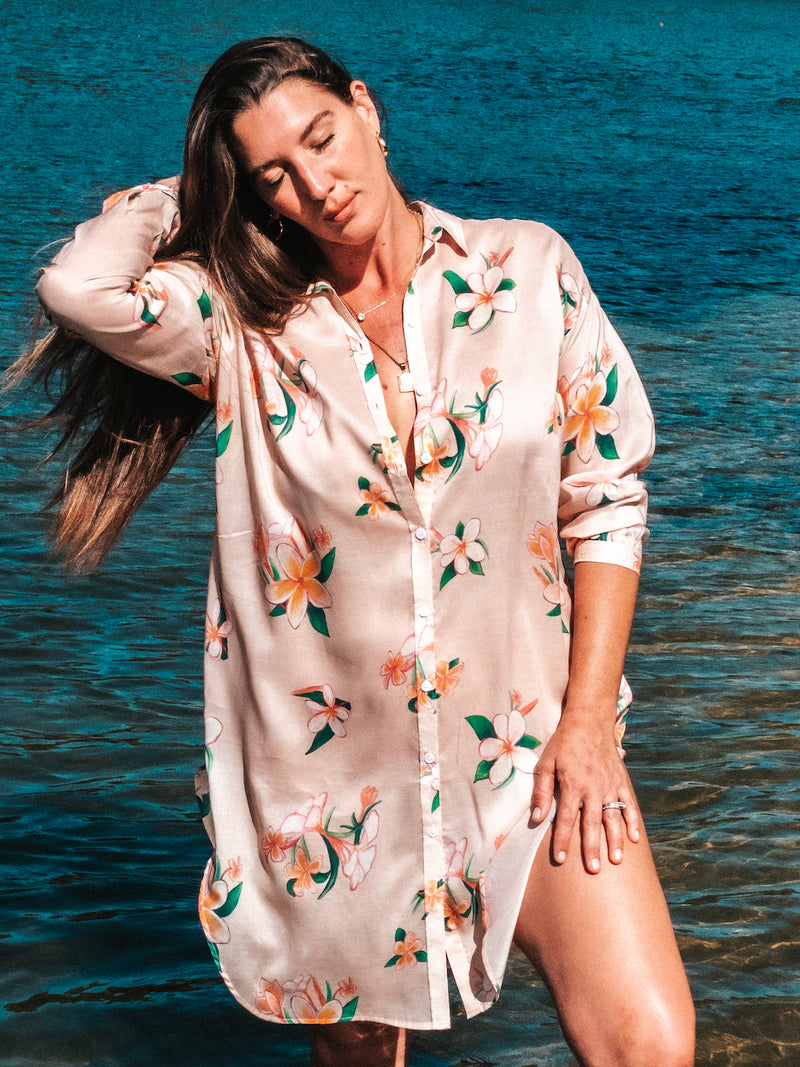 Aloha Shirt Dress - Plumeria Vintage Tan