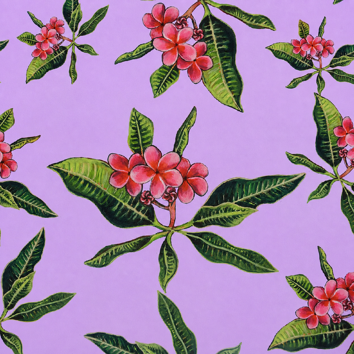 Pink plumeria artwork print swatch on lavender