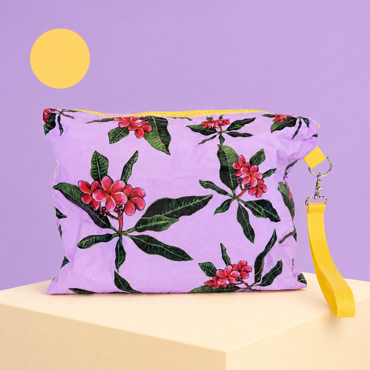 Pink Plumeria Lavender pouch back view in lavender studio setting