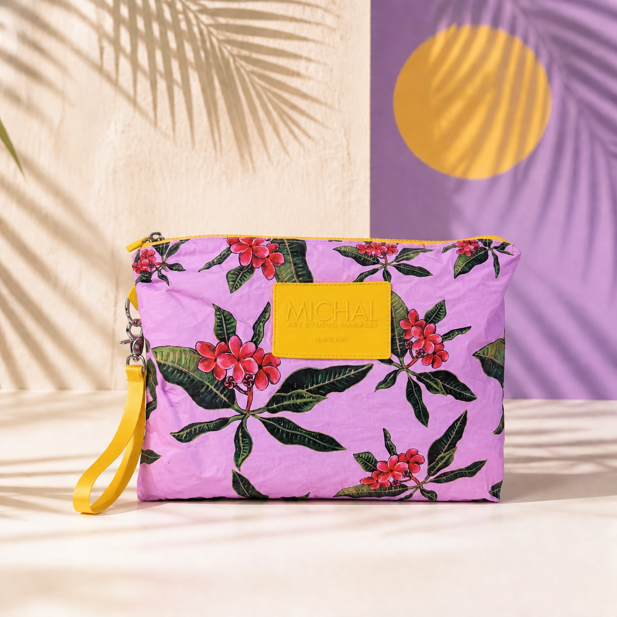 Pink Plumeria Lavender Limited Edition Pouch front view with yellow wristlet