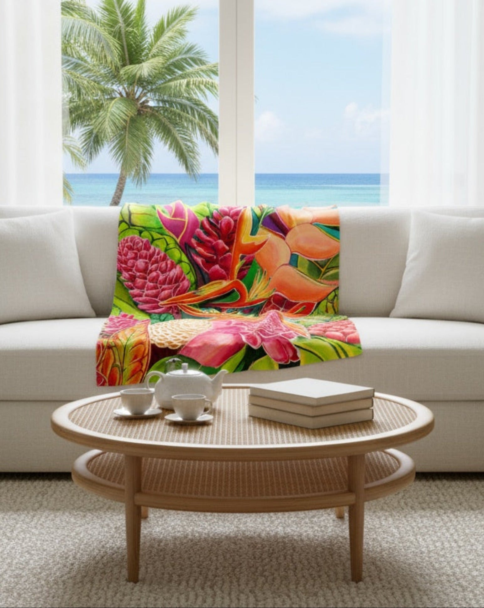 Hawaiian love - Kauai artist painted blanket - Living room with a white sofa, colorful throw blanket, and a view of the ocean through large windows.
