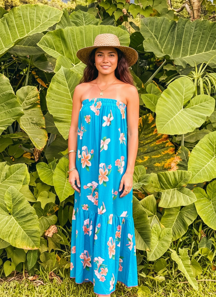 SOLD OUT - Strapless Sun Dress - Plumeria Blue