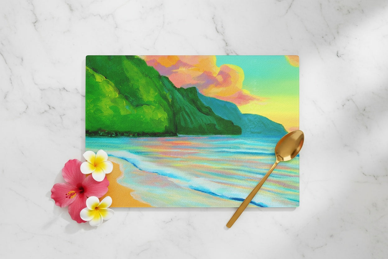 NEW - Ke'e Sunset - Tempered Glass Cutting and Serving Board