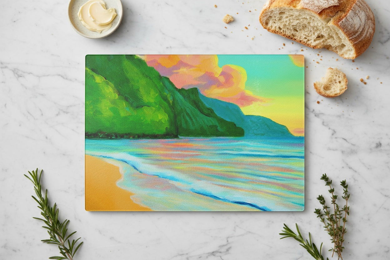 NEW - Ke'e Sunset - Tempered Glass Cutting and Serving Board
