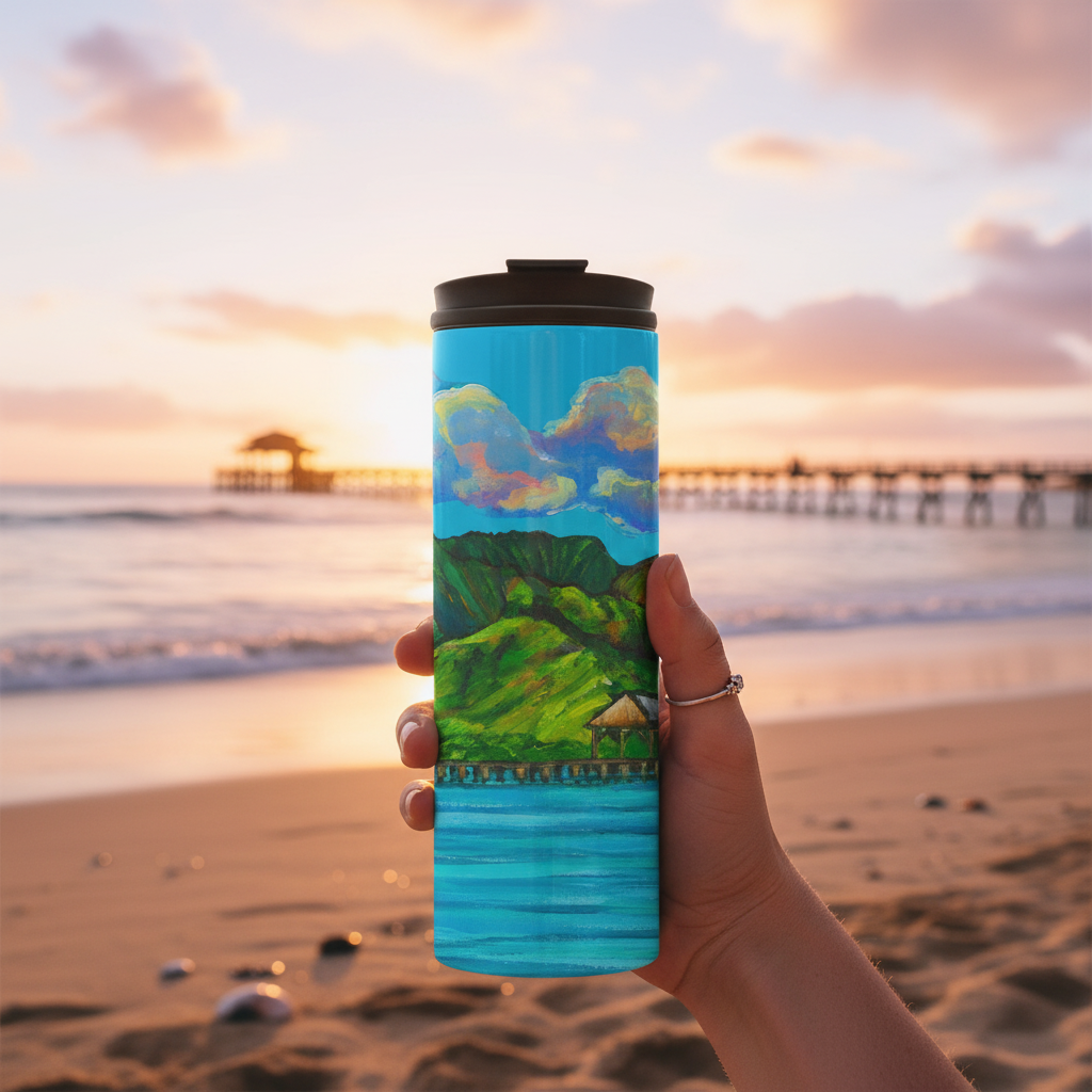 Hanalei Pier Thermal Tumbler 16oz | Hawaiian Insulated Stainless Steel Travel Mug