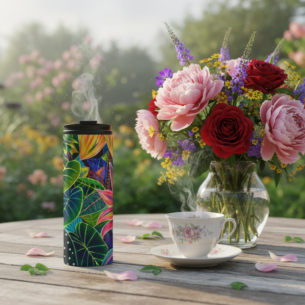 Hanalei Morning Floral Thermal Tumbler 16oz | Hawaiian Insulated Stainless Steel Travel Mug