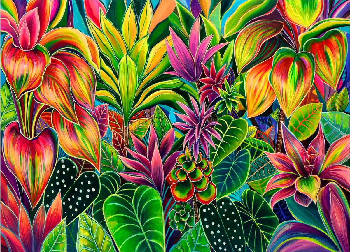 Hanalei Morning artwork by Michal, with colorful tropical foliage