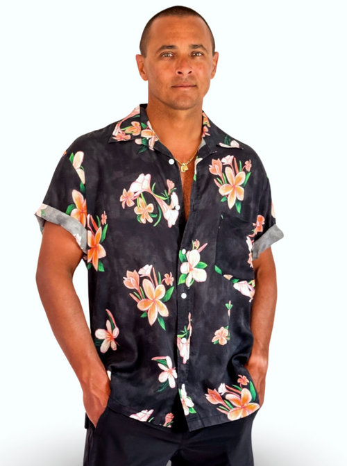 Aloha Men Shirt- Plumeria in vinatge black