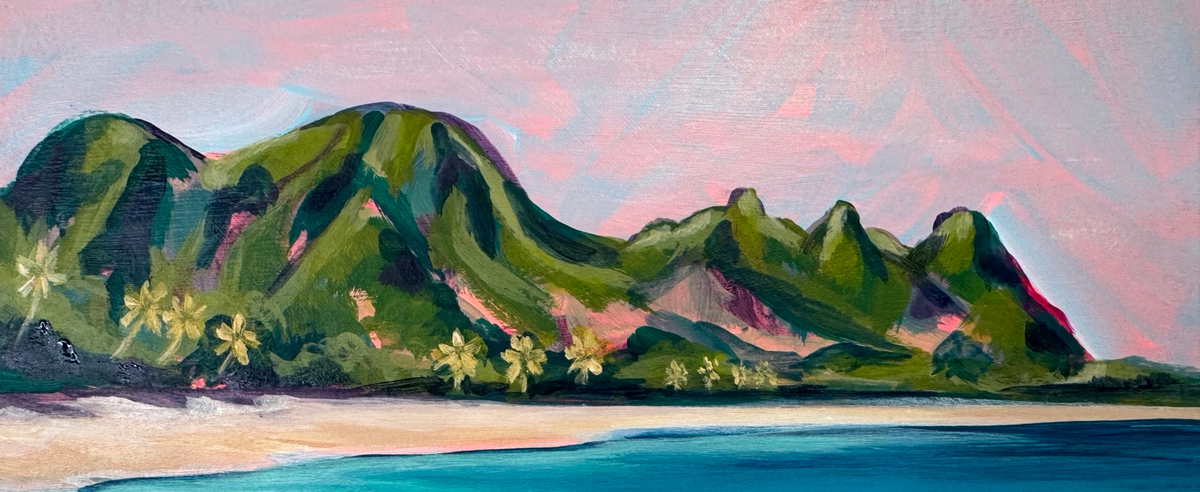 Close-up studio photograph of Summer Love showing mountain ridges, layered acrylic brushwork, and fluorescent orange and pink background colors.