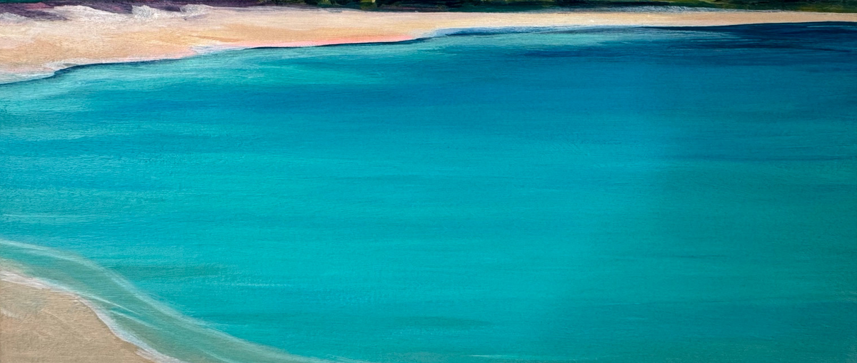 Close-up studio photograph of Summer Love showing turquoise water, brushwork and the curve of the sandy shore.