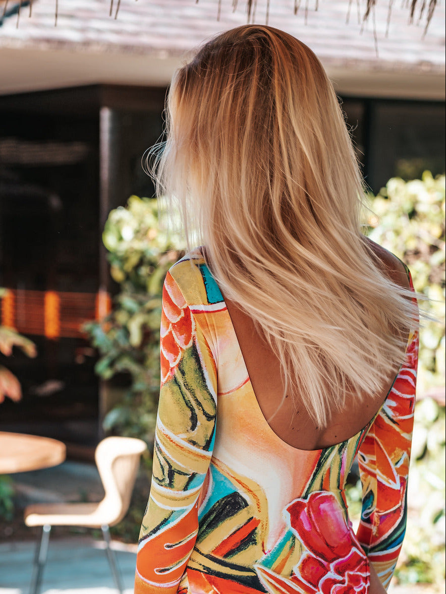Hawaiian Love Swimwear - Long Sleeves -One Piece With Open Back - MICHAL ART STUDIO HAWAII - bikini