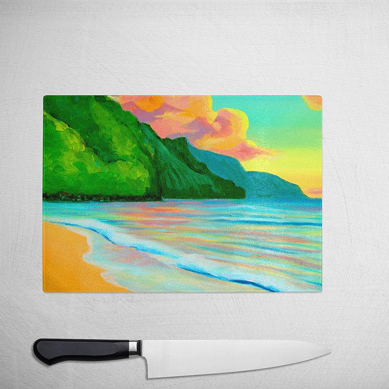 NEW - Ke'e Sunset - Tempered Glass Cutting and Serving Board - MICHAL ART STUDIO HAWAII - Cutting Board