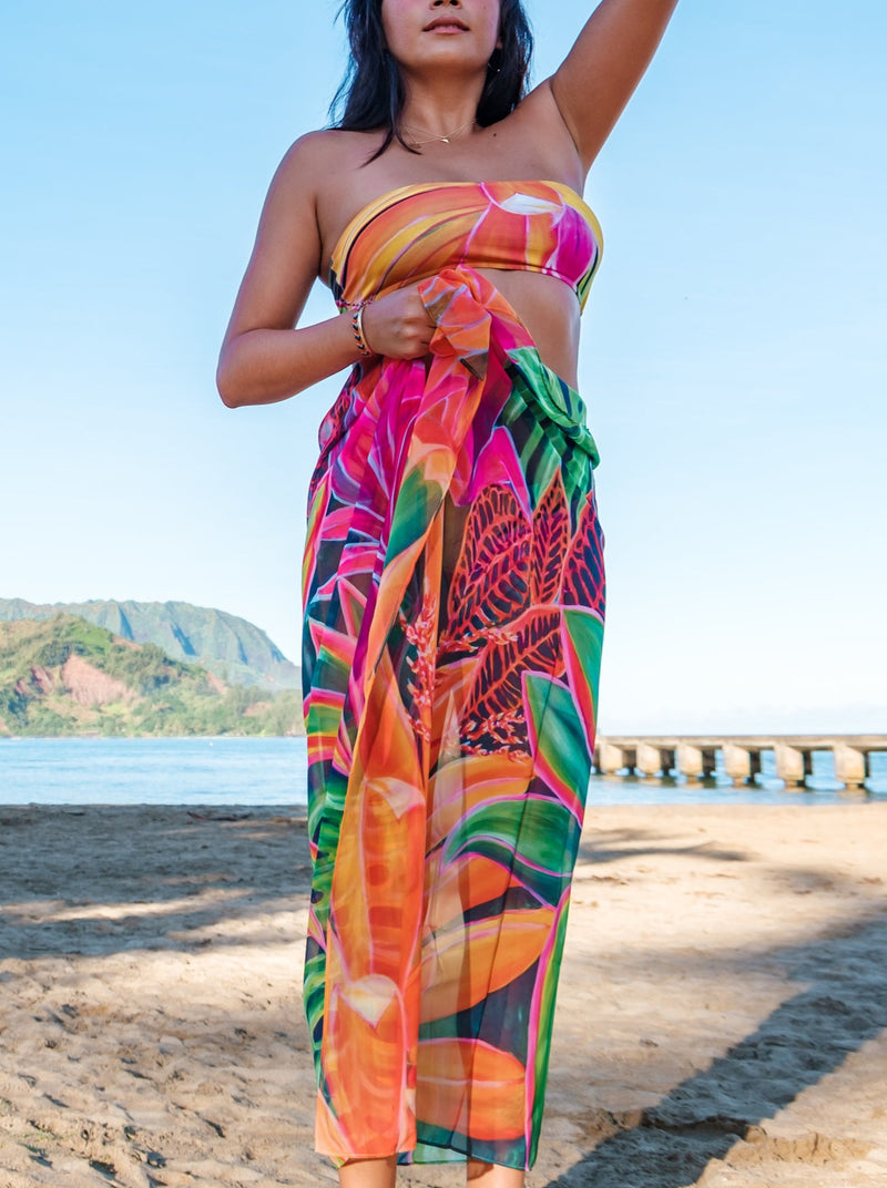 Hawaii Tropical Floral Sarong - Open Heart flowers - Beach Pareo - MICHAL ART STUDIO HAWAII - pareo