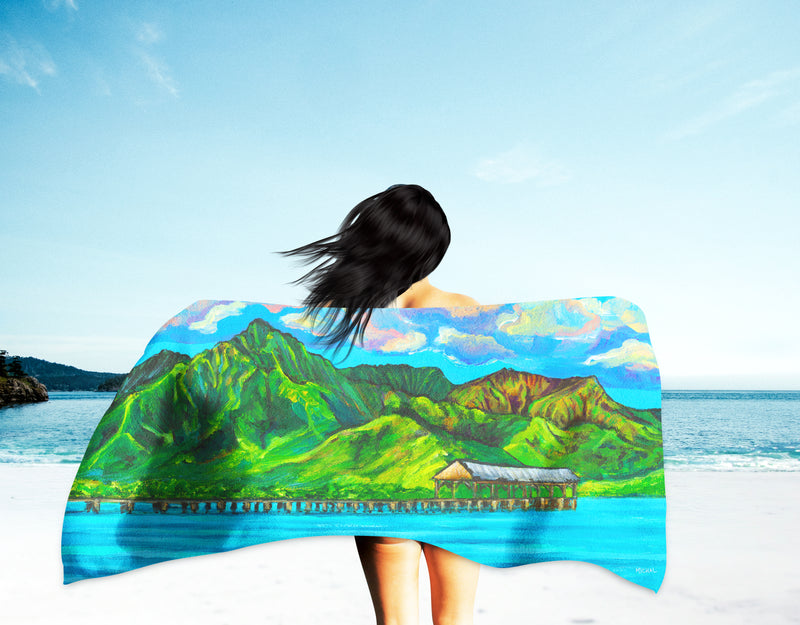Hawaii Landscape - Hanalei Pier at Hanalei Bay - Microfiber Towel - MICHAL ART STUDIO HAWAII - towels